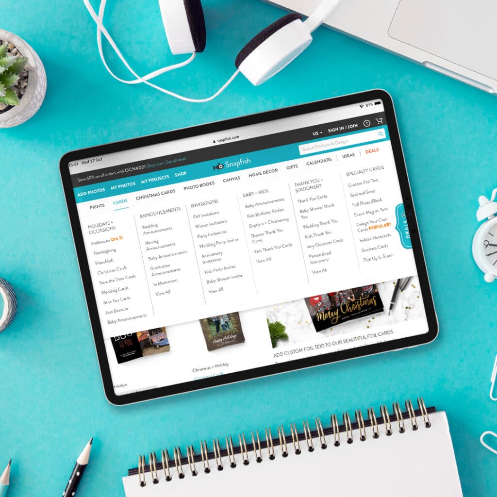Choose Greeting Card categories on Snapfish site. Shown on a tablet