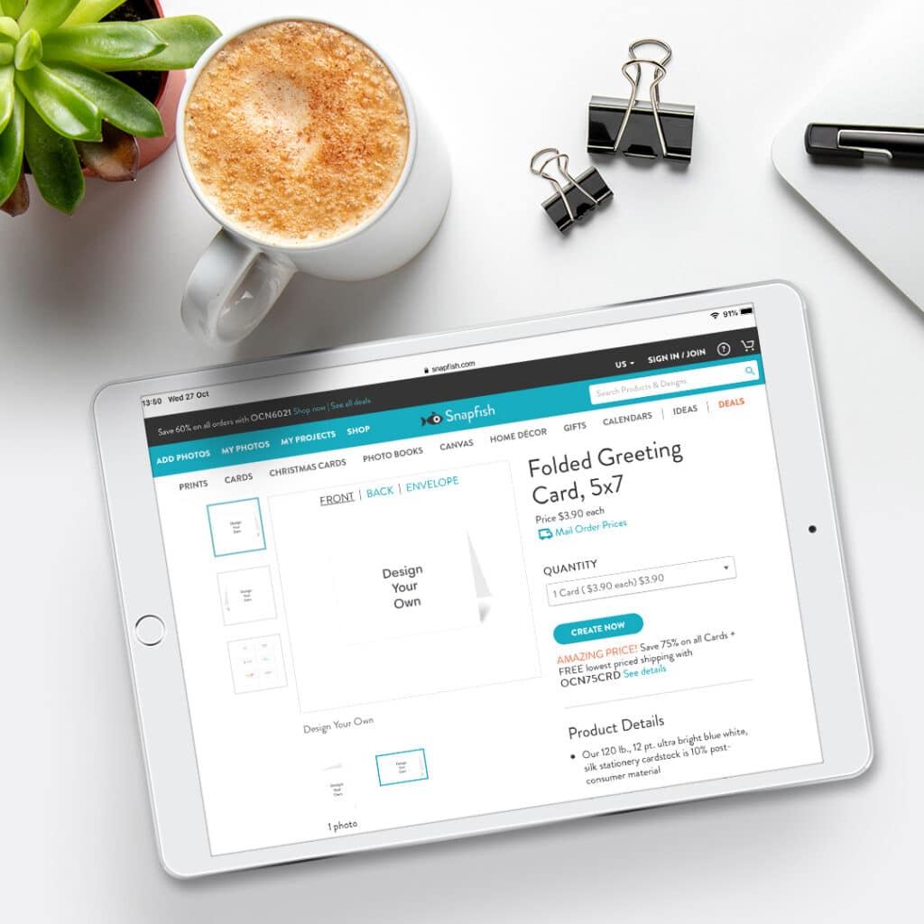 Design your own greeting card option shown on a tablet