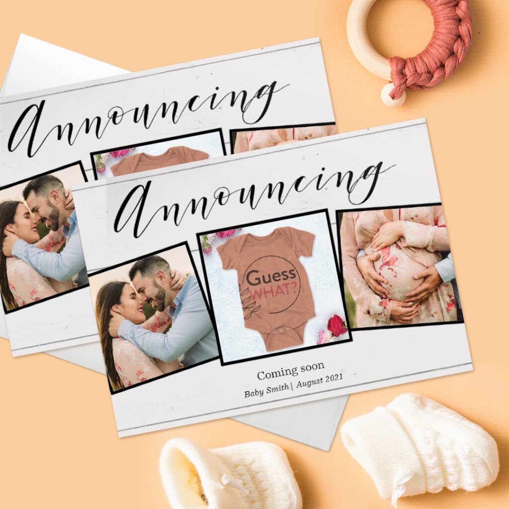 Announcing new baby card with pictures of the happy couple