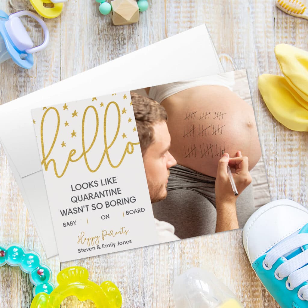 Hello baby birth announcement. Funny card with an image of a father counting the remaining days of pregnancy on the mothers belly