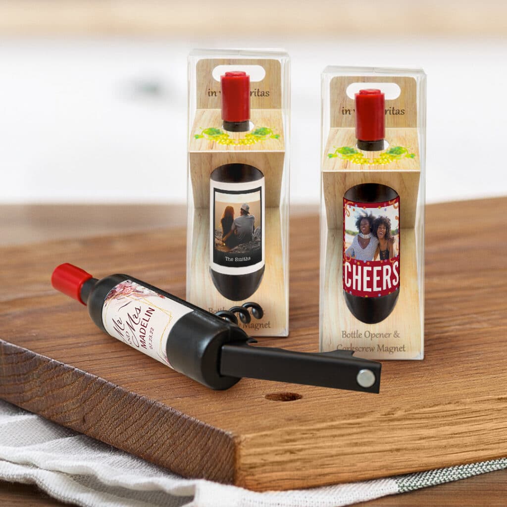 Magnetic corkscrews customized with the host's name mean you'll never lost the bottle opener again!