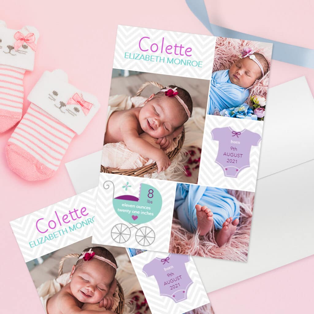 Personalized Welcome Baby Girl card presented on a pink surface with little pink socks