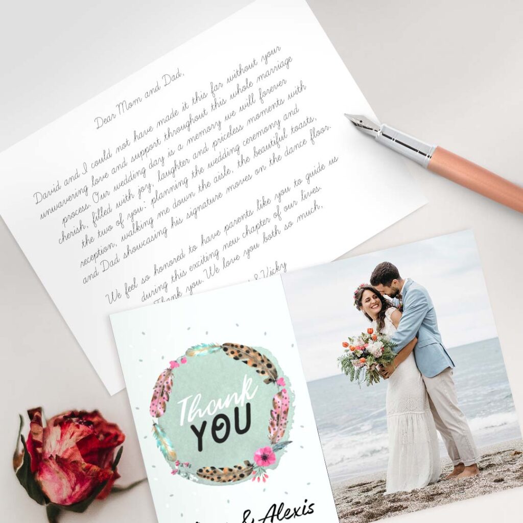 Print custom wedding thank you messages inside personalized wedding cards