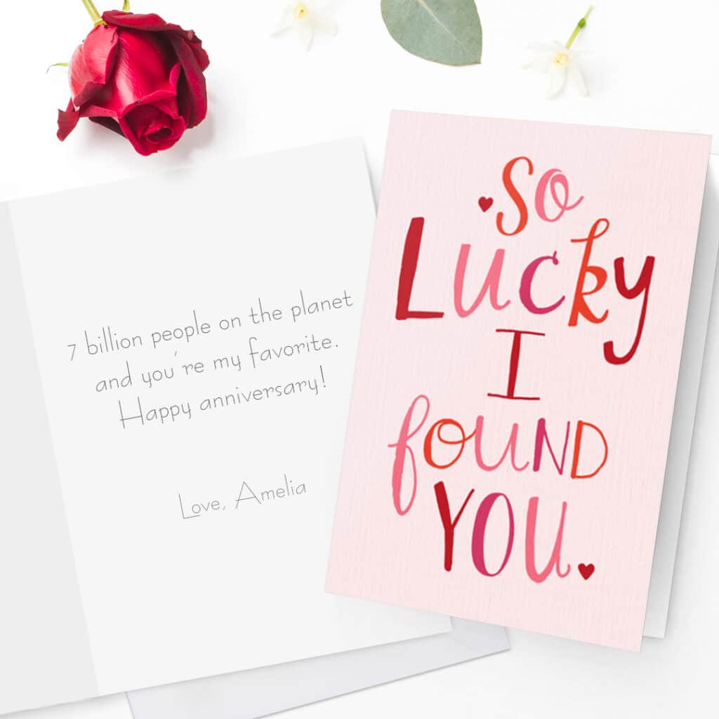 Create a custom card on Snapfish for your anniversary with unique card messages and photos of you. We even have non photo designs you can customize.