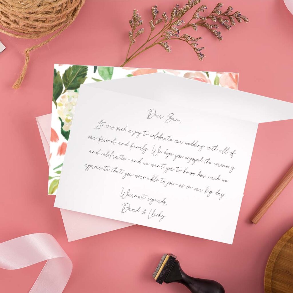 Print custom wedding thank you messages inside personalized wedding cards