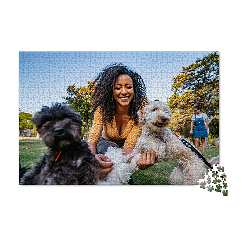 photo puzzle with picture of woman and her dogs