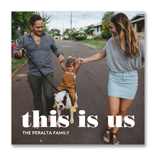 custom photo tile with picture of a family that says "this is us"